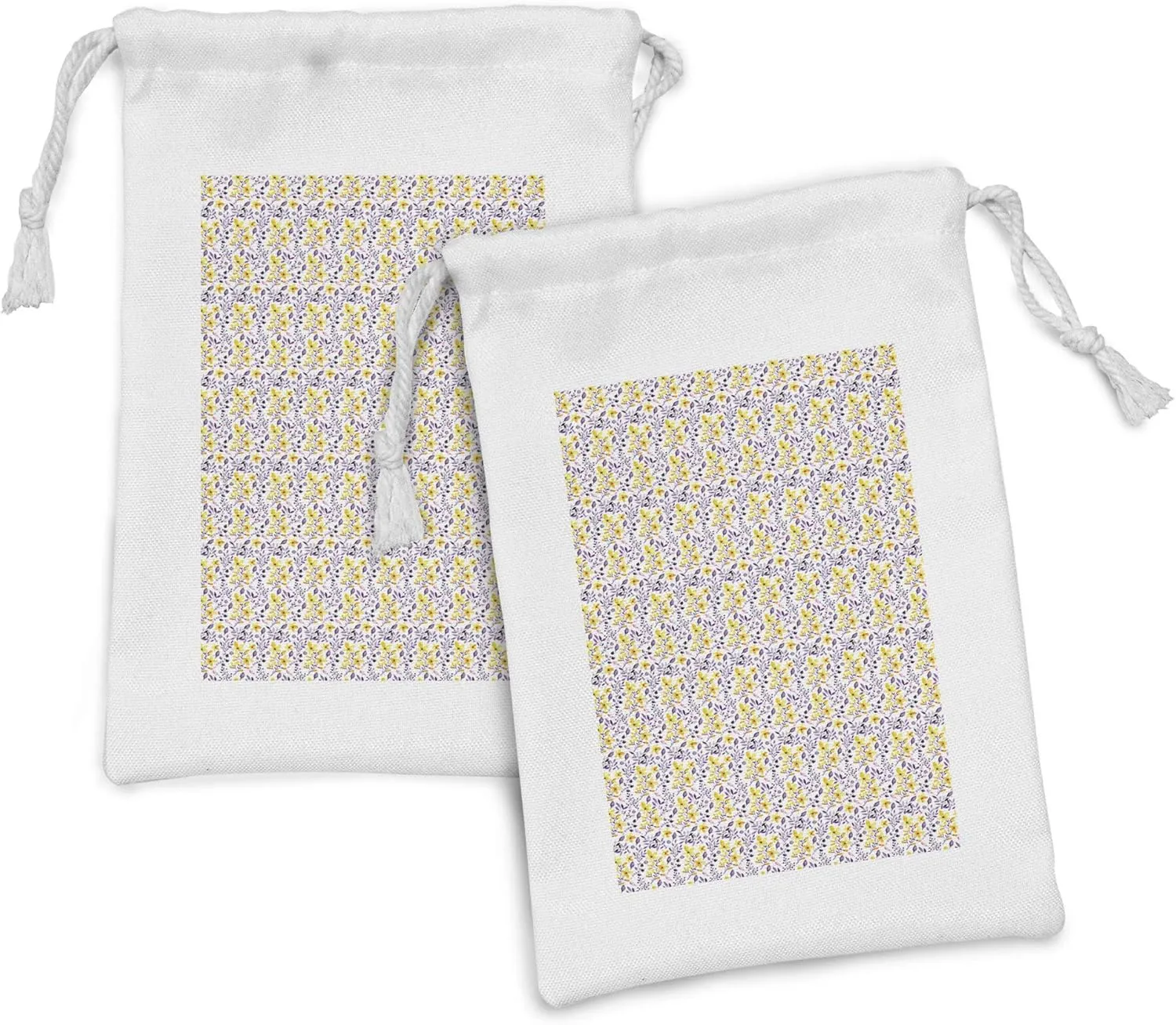 Ambesonne Floral Fabric Pouch Set of 2, Foliage of Bedding Plants in Watercolors Botanical Herbs ling, Small Drawstring Bag for Toiletries Masks and Favors, 9" x 6", Marigold Violet