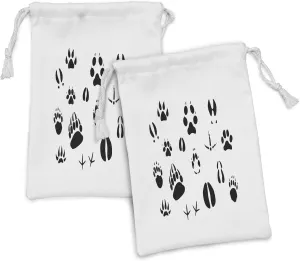 Ambesonne Hunting Fabric Pouch Set of 2, Wildlife Animal Footprints and Hooves Claw Silhouettes Ecology Nature Theme, Small Drawstring Bag for Toiletries Masks and Favors, 9" x 6", Black and White