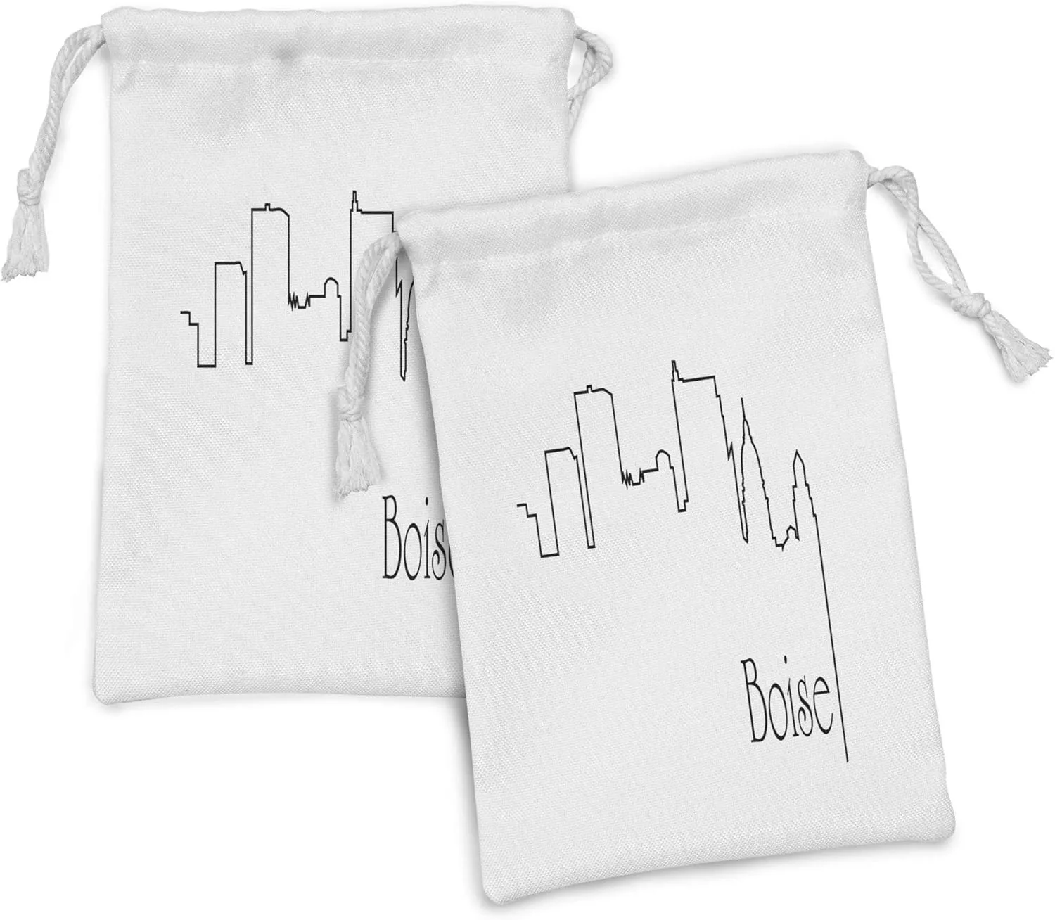 Ambesonne Idaho Fabric Pouch Set of 2, Boise City Hallmarks Skyline Simplistic Abstract Silhouette Illustration, Small Drawstring Bag for Toiletries Masks and Favors, 9" x 6", Charcoal Grey and White