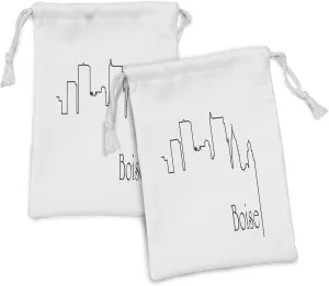 Ambesonne Idaho Fabric Pouch Set of 2, Boise City Hallmarks Skyline Simplistic Abstract Silhouette Illustration, Small Drawstring Bag for Toiletries Masks and Favors, 9" x 6", Charcoal Grey and White