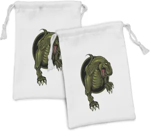 Ambesonne Jurassic Fabric Pouch Set of 2, Roaring T-rex Mascot Animal Horror Wildlife Wilderness Extinct, Small Drawstring Bag for Toiletries Masks and Favors, 9" x 6", Olive Green Brown