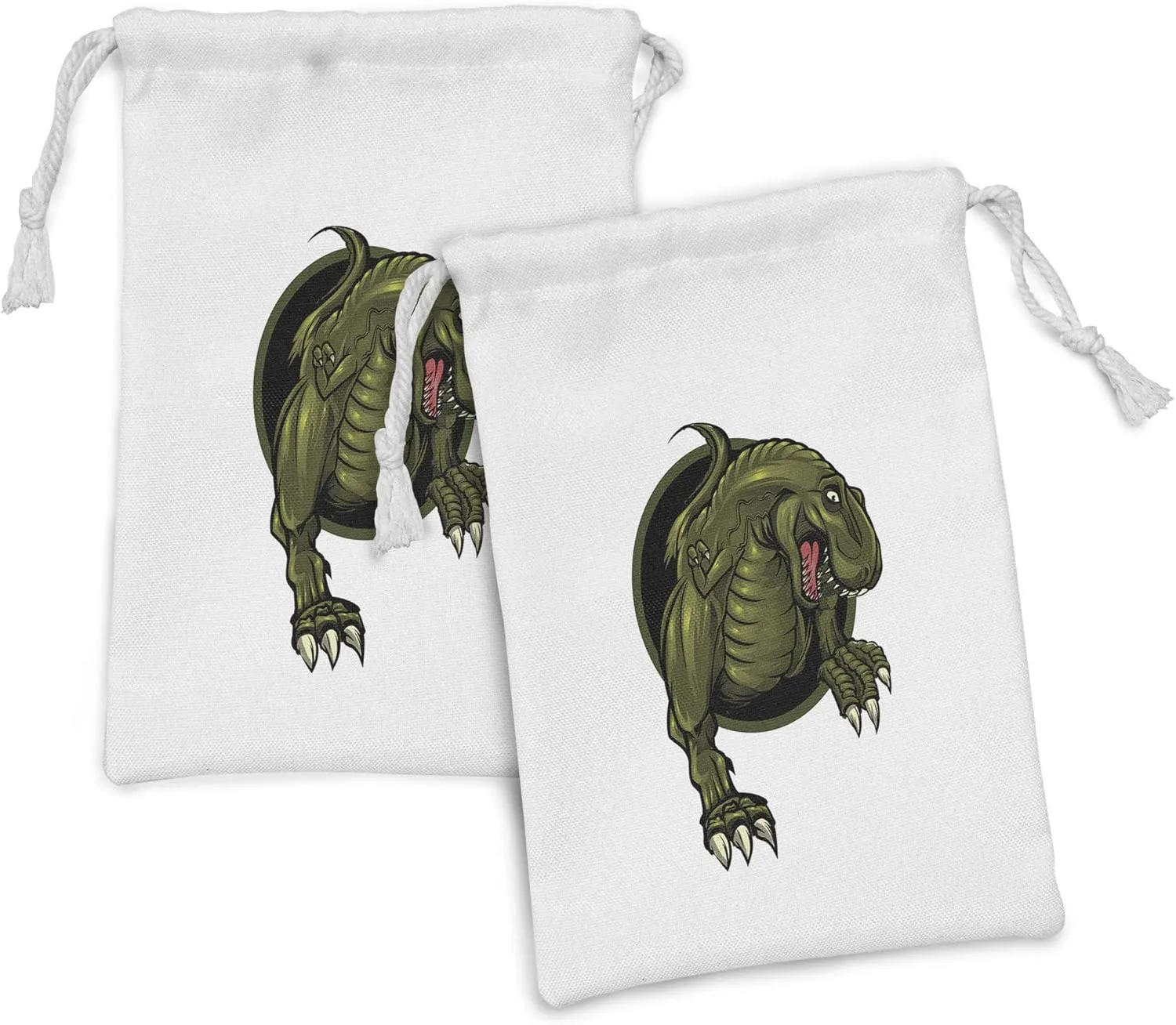Ambesonne Jurassic Fabric Pouch Set of 2, Roaring T-rex Mascot Animal Horror Wildlife Wilderness Extinct, Small Drawstring Bag for Toiletries Masks and Favors, 9" x 6", Olive Green Brown