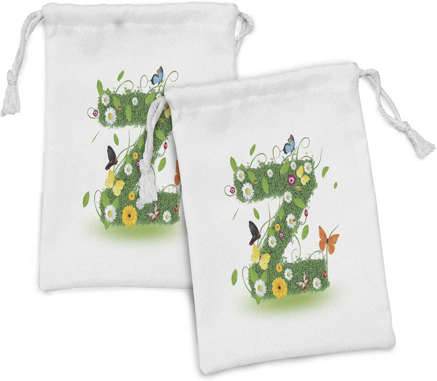 Ambesonne Letter Z Fabric Pouch Set of 2, Fresh Summer Garden Flower Bed and Butterflies Colorful Wings Leaves, Small Drawstring Bag for Toiletries Masks and Favors, 9" x 6", Green Multicolor