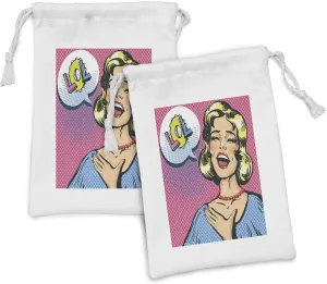 Ambesonne LOL Fabric Pouch Set of 2, Laughing out Loud Woman with Closed Eyes Pop Art Young Lady and Comic Speech Bubble, Small Drawstring Bag for Toiletries Masks and Favors, 9" x 6", Multicolor