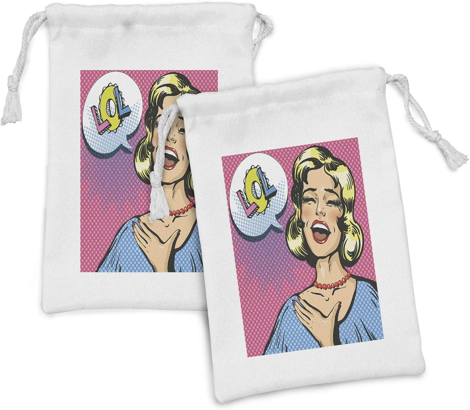 Ambesonne LOL Fabric Pouch Set of 2, Laughing out Loud Woman with Closed Eyes Pop Art Young Lady and Comic Speech Bubble, Small Drawstring Bag for Toiletries Masks and Favors, 9" x 6", Multicolor