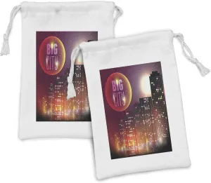 Ambesonne Modern Fabric Pouch Set of 2, Big City Theme Urban Skyline Night Scene Full Moon Stars and Skyscrapers Image, Small Drawstring Bag for Toiletries Masks and Favors, 9" x 6", Multicolor
