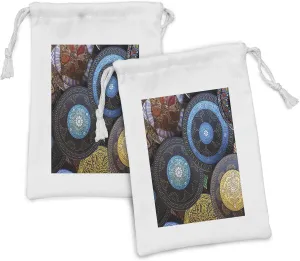 Ambesonne Moroccan Fabric Pouch Set of 2, Handcrafts Shot at the Market in Morocco Antiquity Tradition Old Touristic Places, Small Drawstring Bag for Toiletries Masks and Favors, 9" x 6", Multicolor