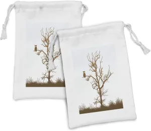 Ambesonne Owl Fabric Pouch Set of 2, Cross-eyed Owl on Autumn Tree Branch Solitary Nocturnal Bird Print, Small Drawstring Bag for Toiletries Masks and Favors, 9" x 6", Chocolate Pale Blue