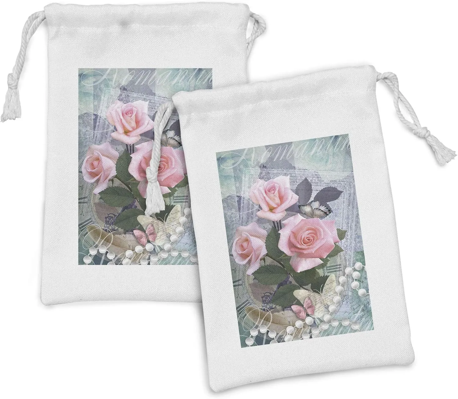 Ambesonne Pearls Fabric Pouch Set of 2, Classic Rose and Pearls Romantic Dramatic Love Together Grace Bouquet Artwork, Small Drawstring Bag for Toiletries Masks and Favors, 9" x 6", Pink Grey