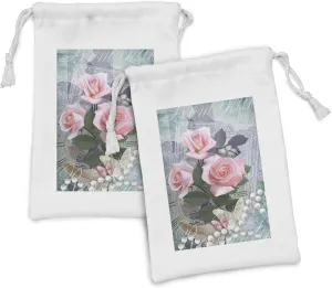 Ambesonne Pearls Fabric Pouch Set of 2, Classic Rose and Pearls Romantic Dramatic Love Together Grace Bouquet Artwork, Small Drawstring Bag for Toiletries Masks and Favors, 9" x 6", Pink Grey