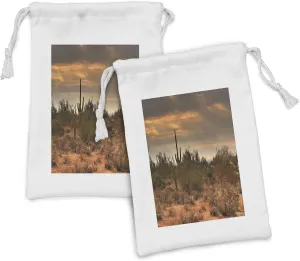 Ambesonne Saguaro Fabric Pouch Set of 2, Dramatic Shady Desert View with a Storm Cloud Approaching Western Arizona Photo, Small Drawstring Bag for Toiletries Masks and Favors, 9" x 6", Orange Green