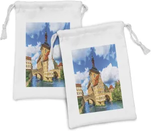 Ambesonne Travel Fabric Pouch Set of 2, City Hall Building in the Bamberg Germany European Historical Townscape Sunny Day, Small Drawstring Bag for Toiletries Masks and Favors, 9" x 6", Multicolor
