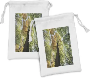 Ambesonne Tree Fabric Pouch Set of 2, Forest in Autumn Green Nature Deciduous Foliage Growth Eco, Small Drawstring Bag for Toiletries Masks and Favors, 9" x 6", Dark Brown Pale Green