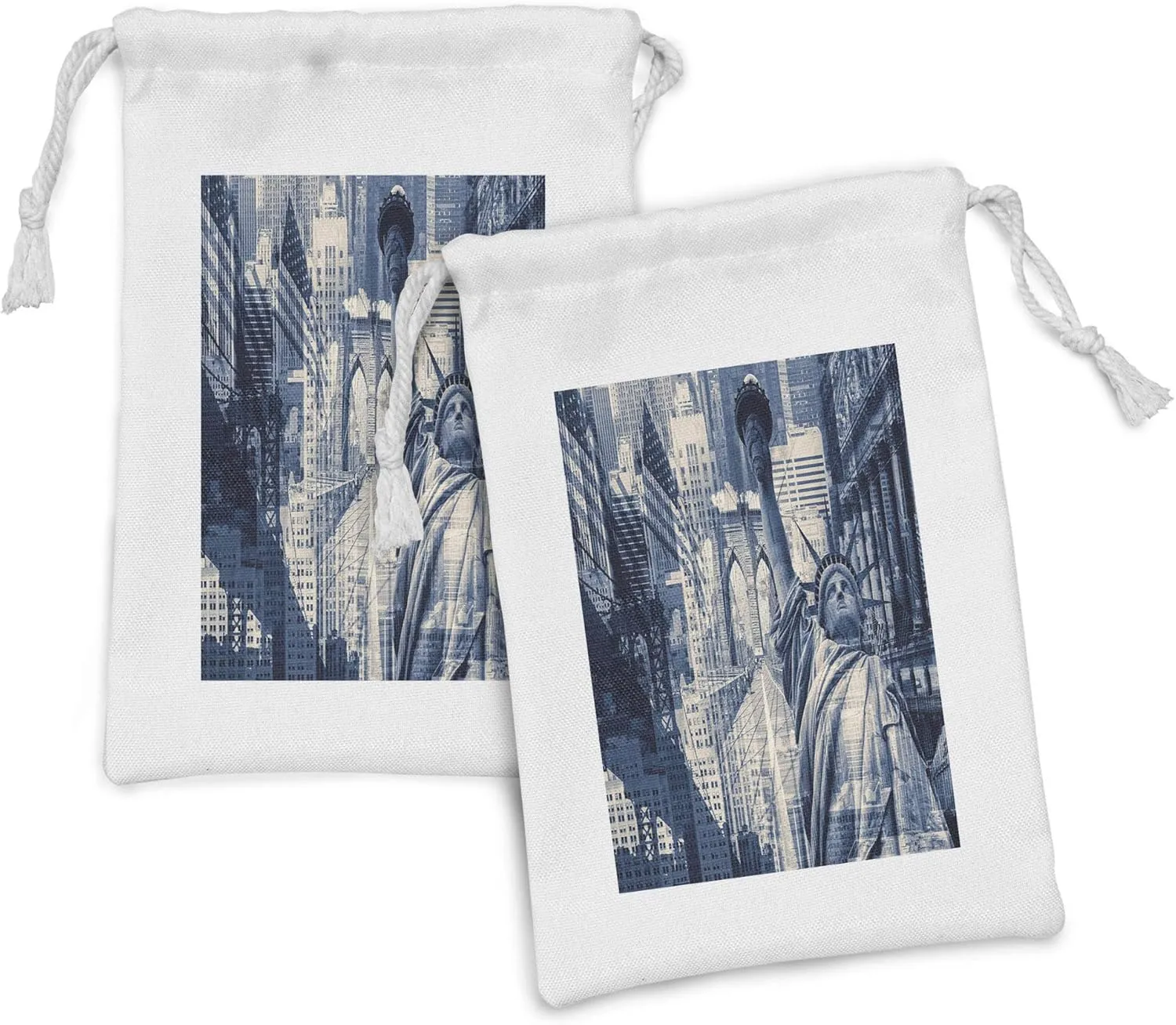 Ambesonne United States Fabric Pouch Set of 2, Double Exposure Image of of Liberty with New York Buildings, Small Drawstring Bag for Toiletries Masks and Favors, 9" x 6", Dark Blue Purplegrey