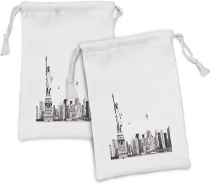 Ambesonne Urban Fabric Pouch Set of 2, Cityscape of New York City Famous of Liberty and Skyscrapers Drawing Print, Small Drawstring Bag for Toiletries Masks and Favors, 9" x 6", White and Grey