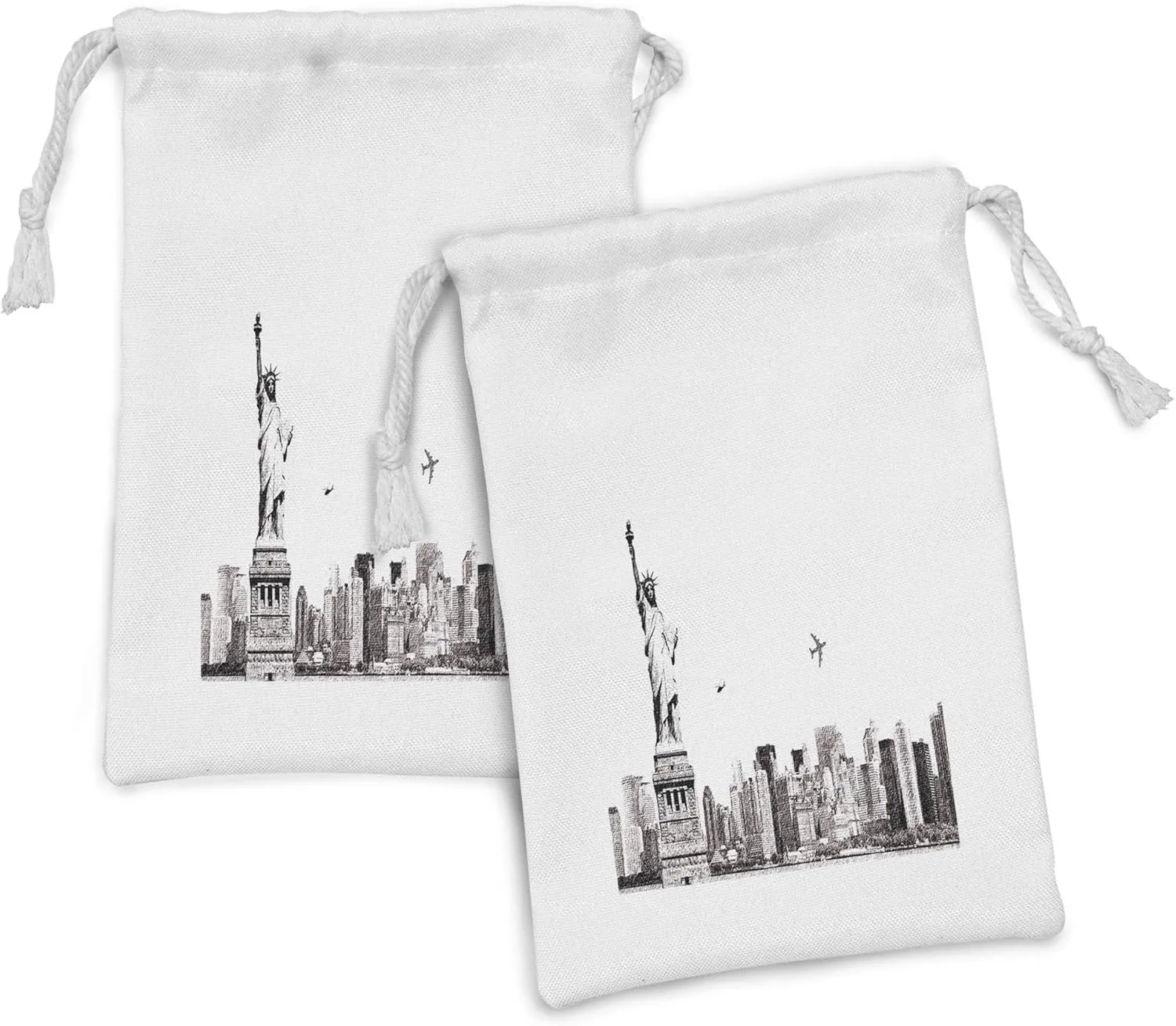 Ambesonne Urban Fabric Pouch Set of 2, Cityscape of New York City Famous of Liberty and Skyscrapers Drawing Print, Small Drawstring Bag for Toiletries Masks and Favors, 9" x 6", White and Grey