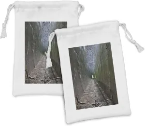 Ambesonne Vintage Fabric Pouch Set of 2, Dungeon Old Tunnel Sun Rays at Other Side Mystic Spooky Long Tunnel Illustration, Small Drawstring Bag for Toiletries Masks and Favors, 9" x 6", Brown