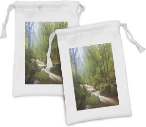 Ambesonne Woodland Fabric Pouch Set of 2, Forest Scene at Golitha Falls Nature Reserve on the River Fowey Cornwall England, Small Drawstring Bag for Toiletries Masks and Favors, 9" x 6", Green Brown