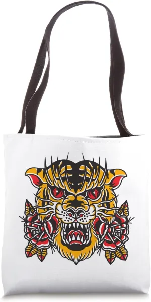 American Traditional Tattoo Flash Tiger Flower Old School Tote Bag
