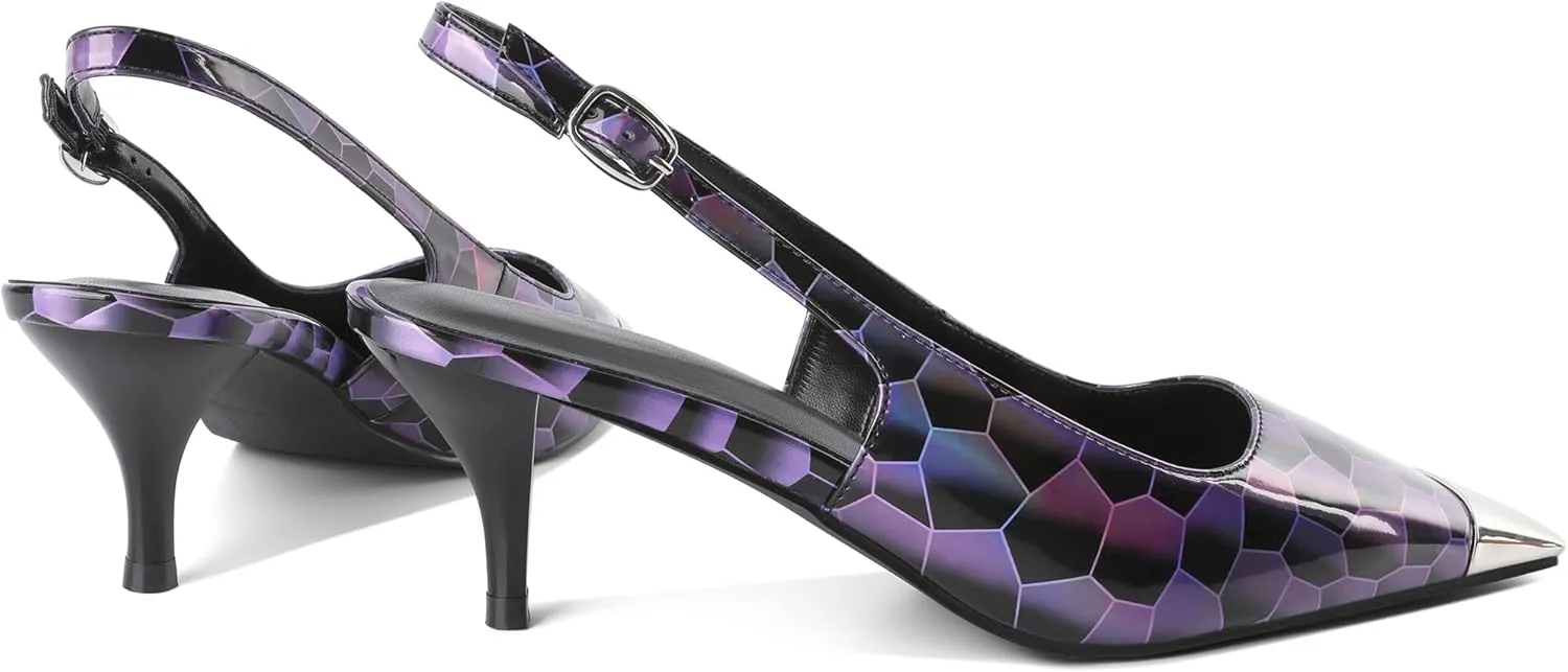 AUMOTED Slingback Kitten Heels for Women Stiletto Heels Silver Cap Square Toe Pumps with Buckle Low Heel Sandals 2.4 Inch Evening Party Wedding Shoes