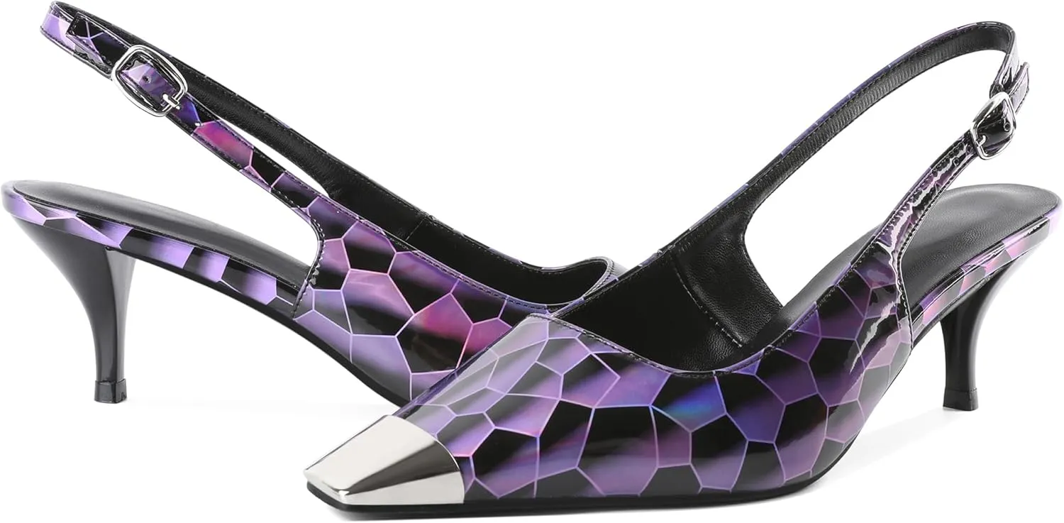 AUMOTED Slingback Kitten Heels for Women Stiletto Heels Silver Cap Square Toe Pumps with Buckle Low Heel Sandals 2.4 Inch Evening Party Wedding Shoes