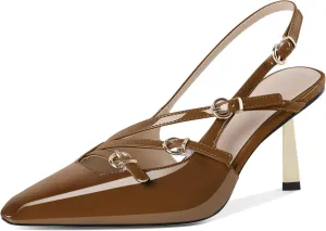 AUMOTED Women's Slingback Stiletto High Heels Closed Square Toe Metallic Buckle Pumps with Backless Strap Heeled Sandals 3 Inch Dress Pump Shoes