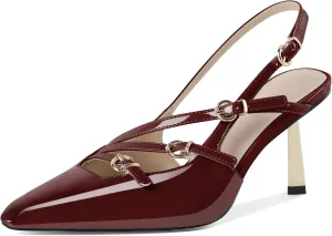 AUMOTED Women's Slingback Stiletto High Heels Closed Square Toe Metallic Buckle Pumps with Backless Strap Heeled Sandals 3 Inch Dress Pump Shoes