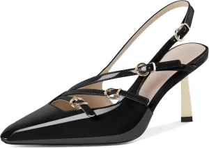 AUMOTED Women's Slingback Stiletto High Heels Closed Square Toe Metallic Buckle Pumps with Backless Strap Heeled Sandals 3 Inch Dress Pump Shoes