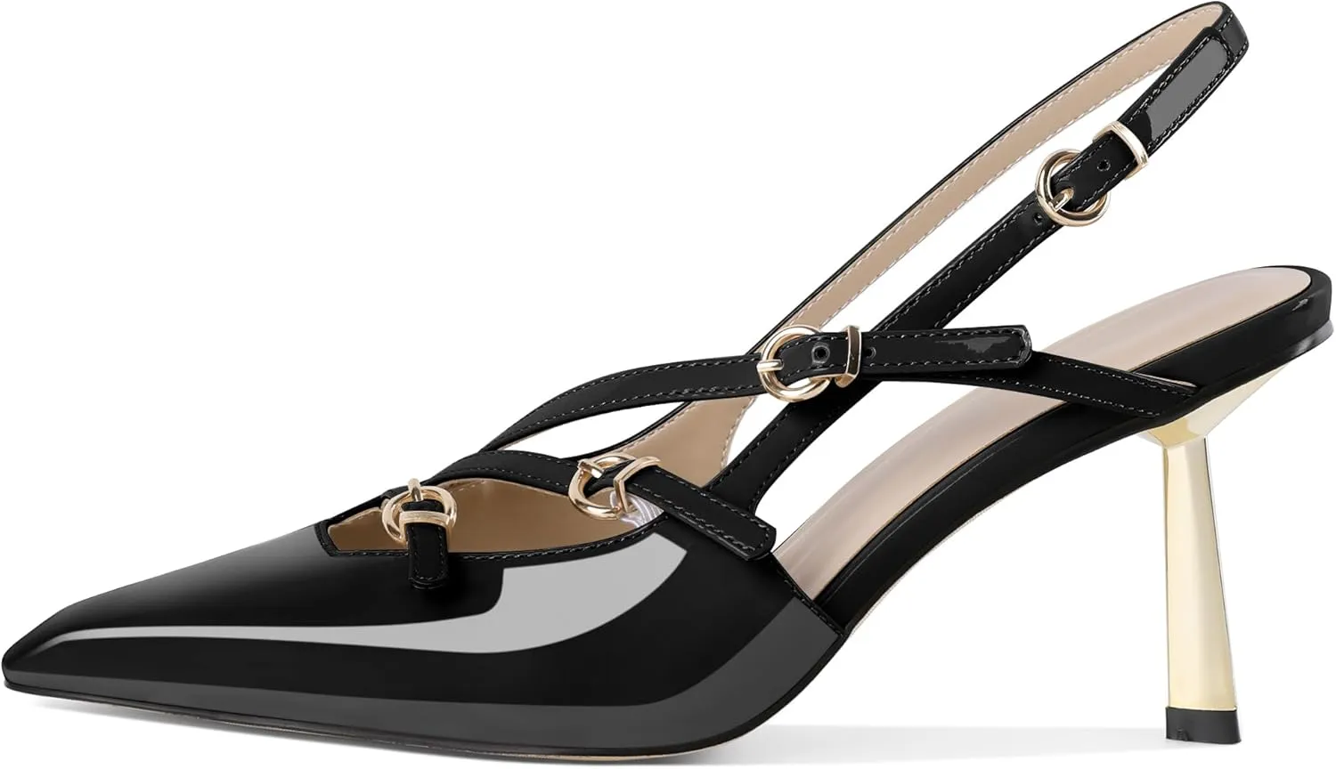 AUMOTED Women's Slingback Stiletto High Heels Closed Square Toe Metallic Buckle Pumps with Backless Strap Heeled Sandals 3 Inch Dress Pump Shoes