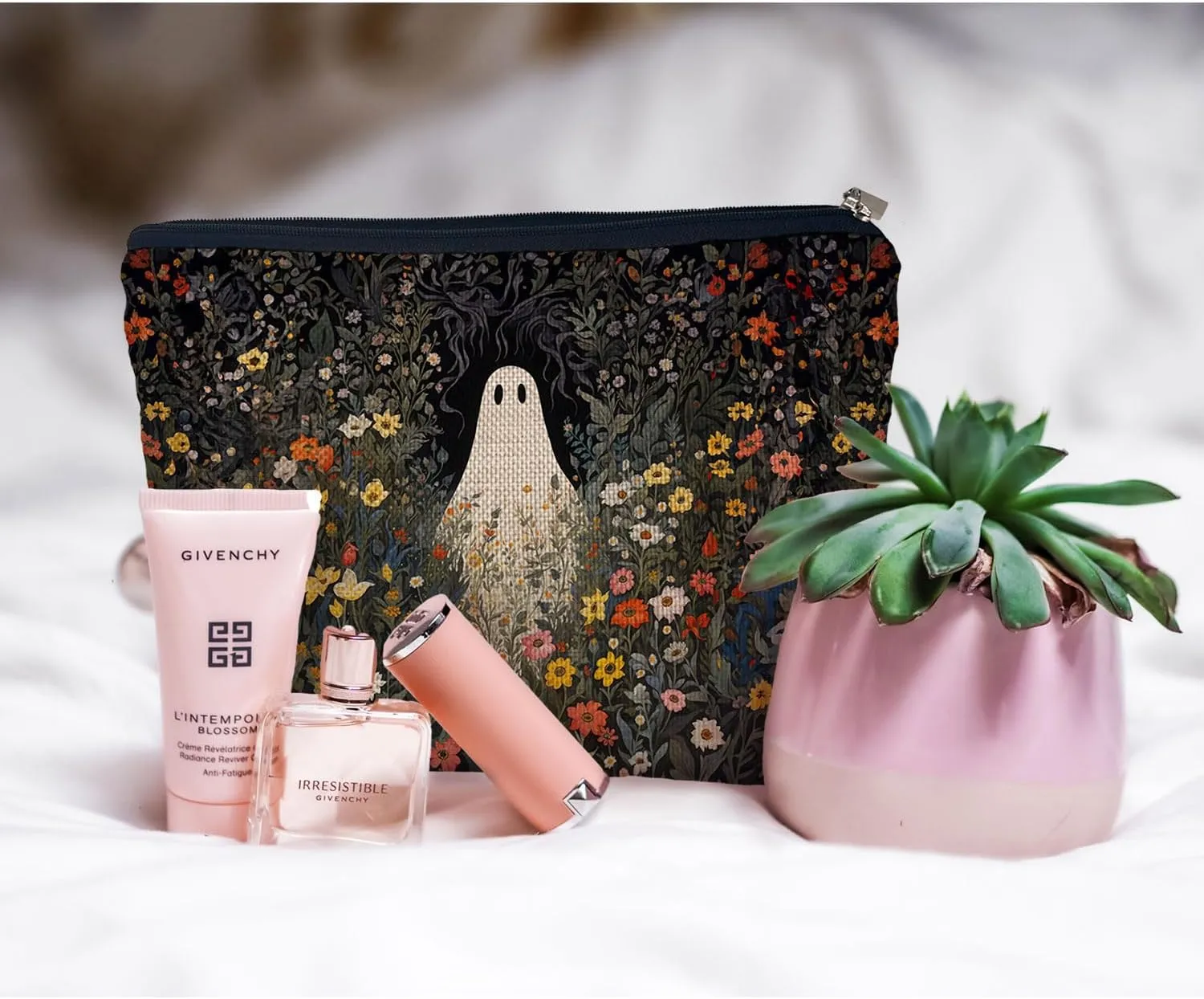 Ayxvt Halloween Cosmetic Bag, Ghost Floral Makeup Bags - Spooky Zipper Pouch for Women