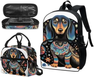 Aztec Starry Dachshund Bookbag Sets Middle School Bohemia Tribal Galaxy Puppy Bookbag Reusable Cartoon Dog Stars Space Lunch Bag Large Capacity Pencil Case Students