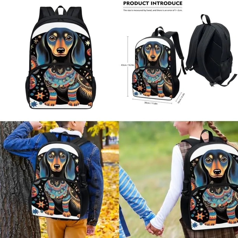Aztec Starry Dachshund Bookbag Sets Middle School Bohemia Tribal Galaxy Puppy Bookbag Reusable Cartoon Dog Stars Space Lunch Bag Large Capacity Pencil Case Students
