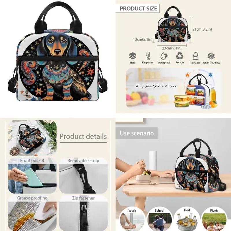 Aztec Starry Dachshund Bookbag Sets Middle School Bohemia Tribal Galaxy Puppy Bookbag Reusable Cartoon Dog Stars Space Lunch Bag Large Capacity Pencil Case Students