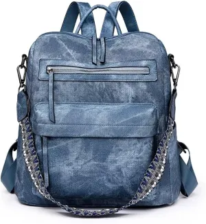 Backpack Purse for Women Large School Vegan PU Leather Backpacks Anti-theft Fashion Ladies Rucksack Bags Casual Waterproof Shoulder Vintage Boho Daypack for Travel Work with Guitar Strap, Blue
