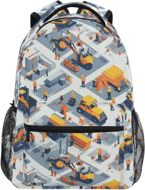 Backpacks for Men and Women Fashion Stylish Travel Bags with Chest Strap for College Work Construction Scene Concrete Mixer Truck Bulldozer