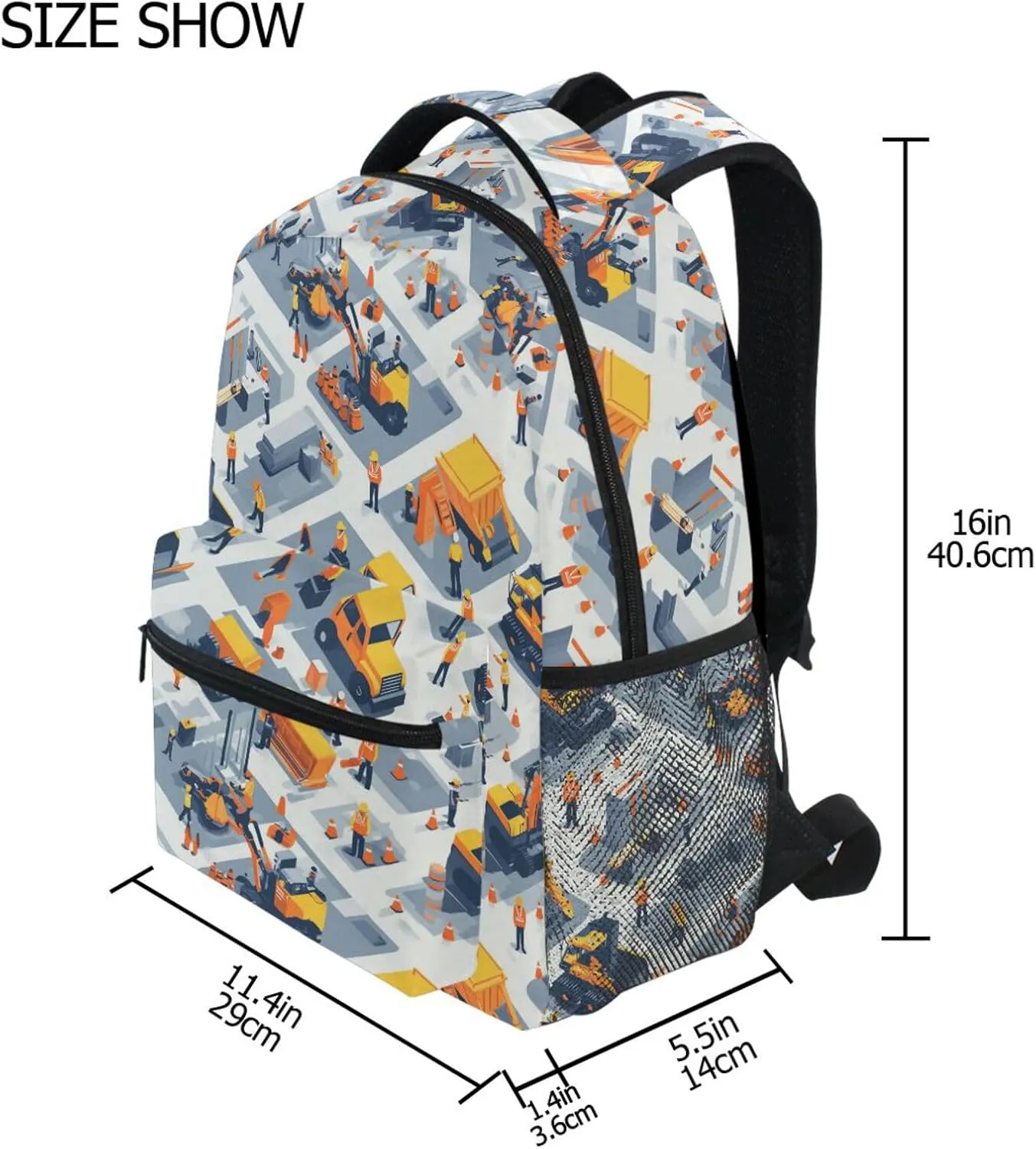 Backpacks for Men and Women Fashion Stylish Travel Bags with Chest Strap for College Work Construction Scene Concrete Mixer Truck Bulldozer