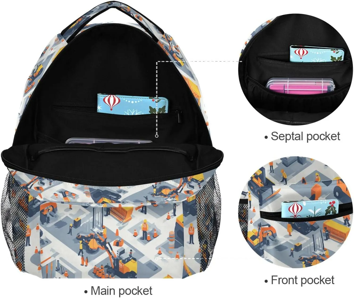 Backpacks for Men and Women Fashion Stylish Travel Bags with Chest Strap for College Work Construction Scene Concrete Mixer Truck Bulldozer