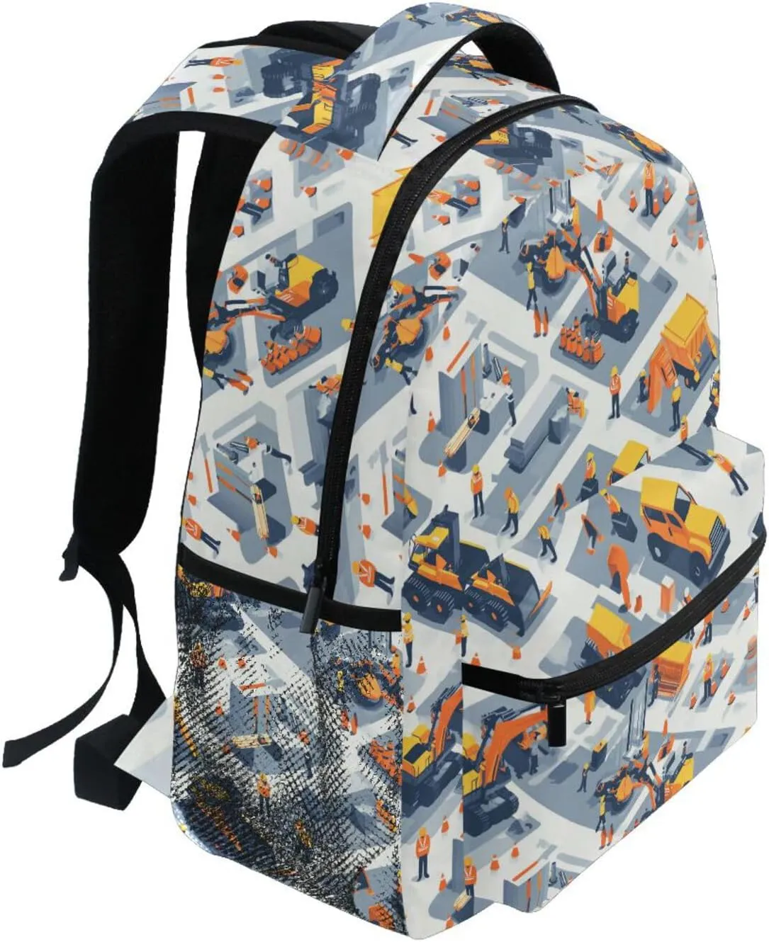 Backpacks for Men and Women Fashion Stylish Travel Bags with Chest Strap for College Work Construction Scene Concrete Mixer Truck Bulldozer