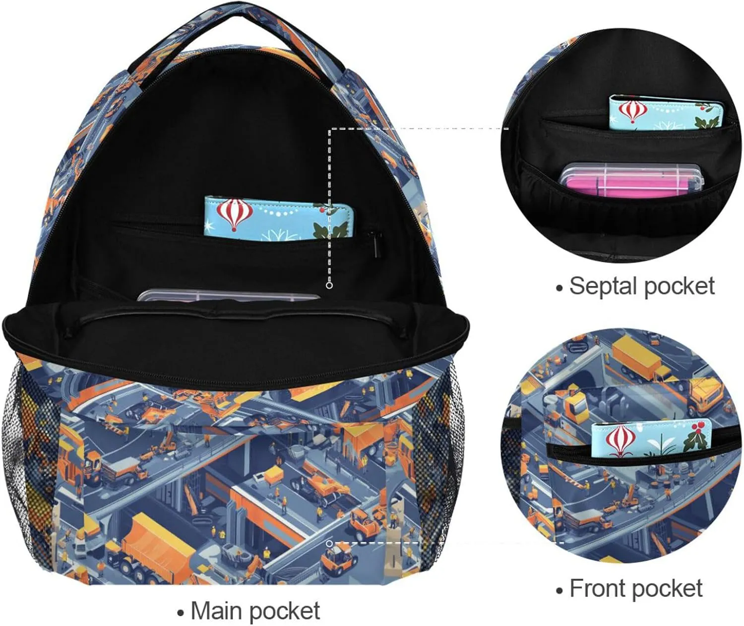 Backpacks for Men and Women Waterproof Backpack With Water Bottle Pocket with Chest Strap Gift Men & Women Construction Scene Concrete Mixer Truck