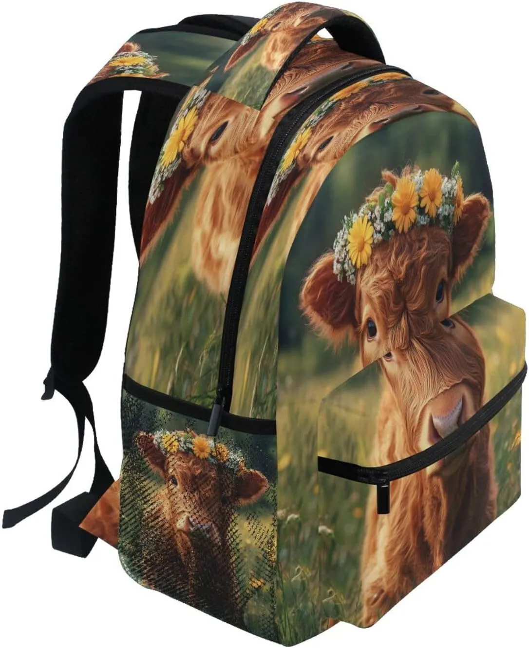 Backpacks for Unisex Adult Fashion Travel Laptop Backpack with Chest Strap Gift Men & Women A Highland Calf with A Flower Crown in A Grassy Field