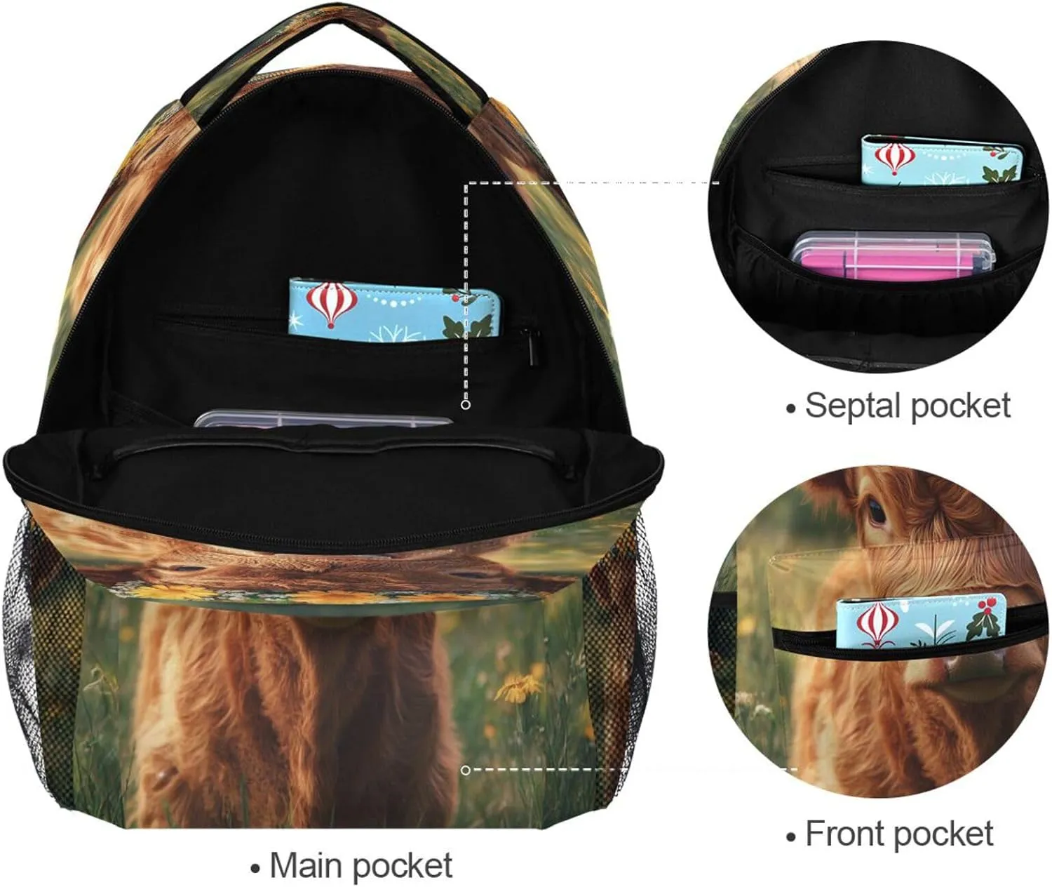 Backpacks for Unisex Adult Fashion Travel Laptop Backpack with Chest Strap Gift Men & Women A Highland Calf with A Flower Crown in A Grassy Field