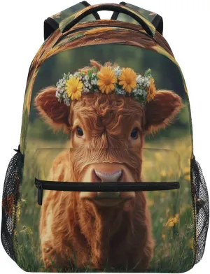 Backpacks for Unisex Adult Fashion Travel Laptop Backpack with Chest Strap Gift Men & Women A Highland Calf with A Flower Crown in A Grassy Field
