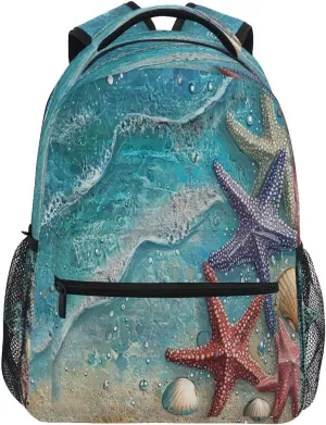 Backpacks for Unisex Adult Fashion Vintage Daypacks with Chest Strap Gift Men & Women Beach Starfish Shells Blue