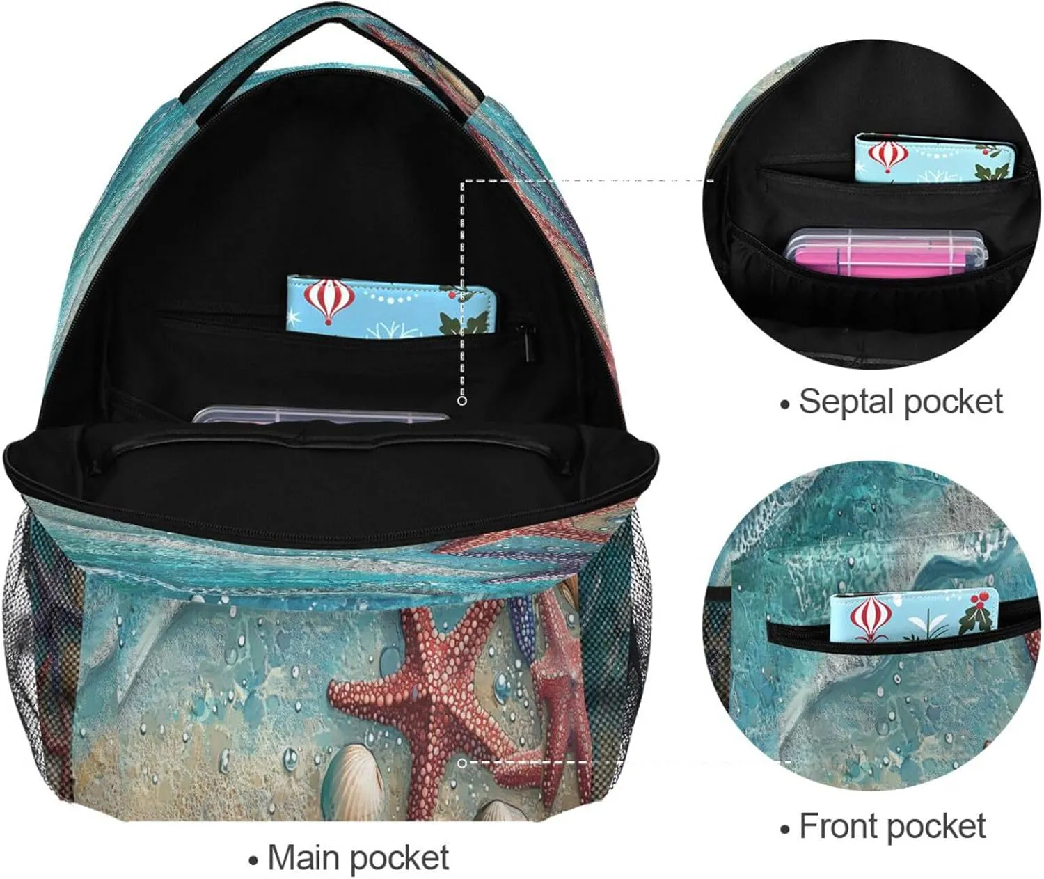 Backpacks for Unisex Adult Fashion Vintage Daypacks with Chest Strap Gift Men & Women Beach Starfish Shells Blue