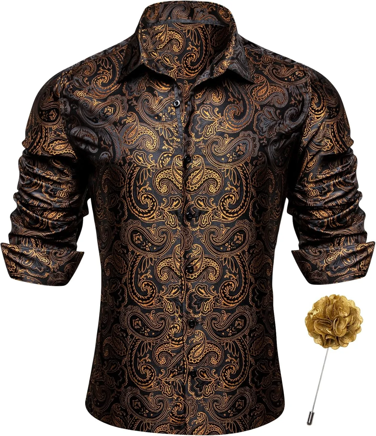 Barry.Wang Mens Silk Shirts Floral Paisley Button Down Dress Shirt for Men Mexico Western Cowboy Shirt with Brooch Vintage