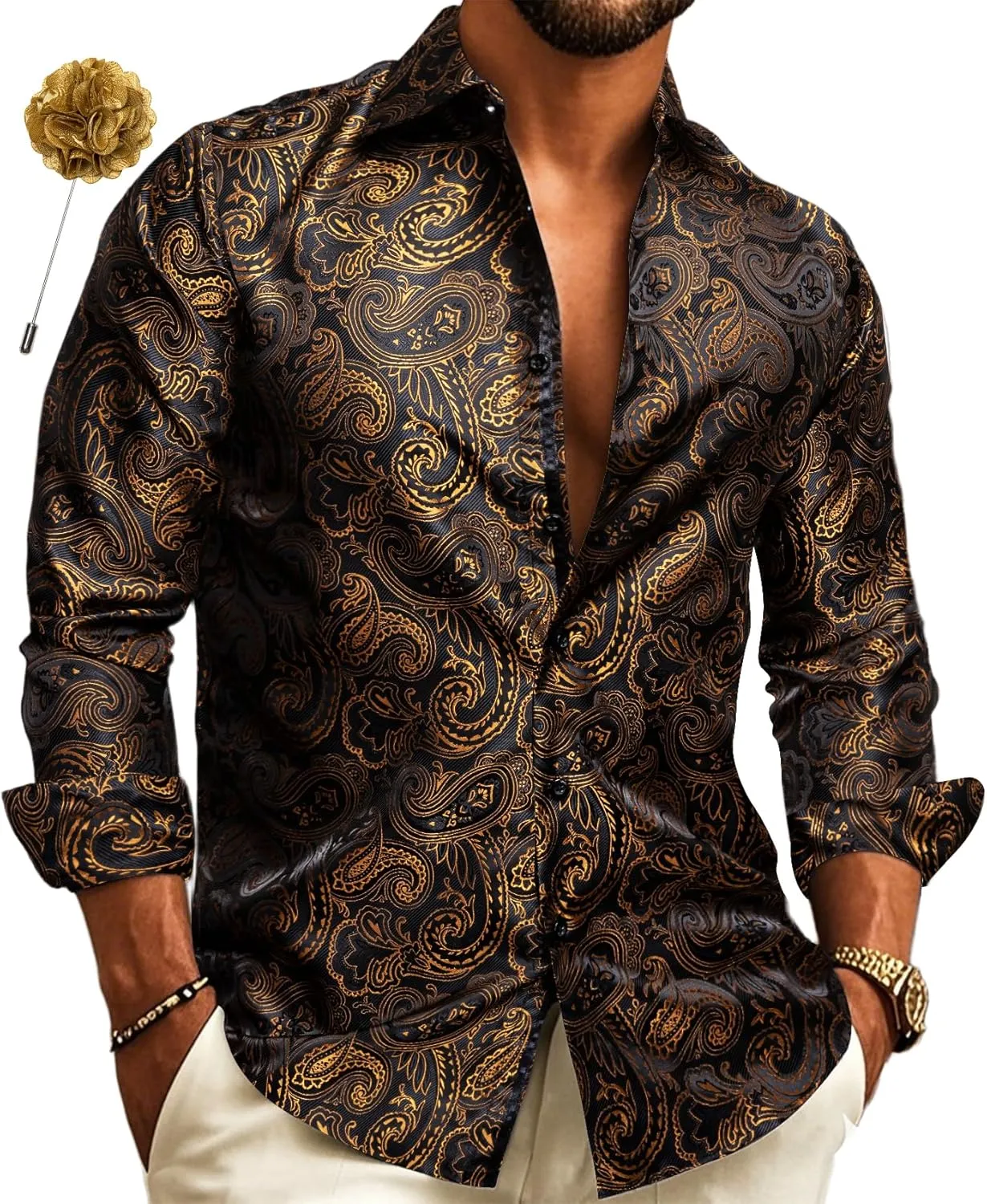 Barry.Wang Mens Silk Shirts Floral Paisley Button Down Dress Shirt for Men Mexico Western Cowboy Shirt with Brooch Vintage