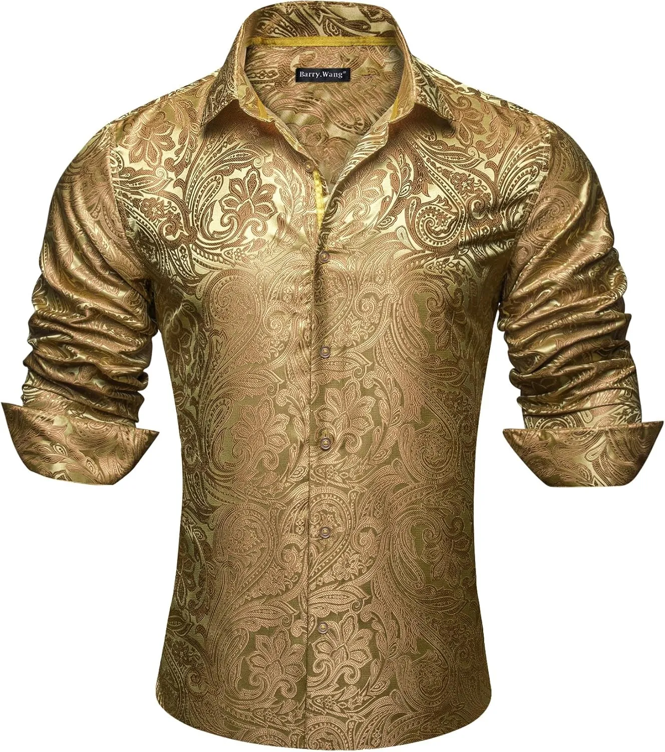 Barry.Wang Mens Western Shirts Silk Paisley Long Sleeve Button Down Dress Shirt Designer Mexico Cowboy Shirt Party Casual