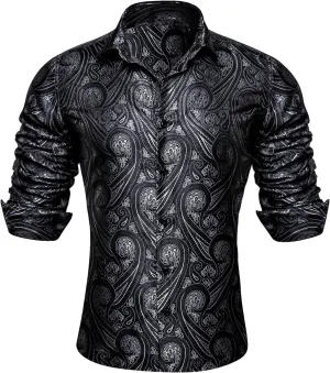 Barry.Wang Mens Western Shirts Silk Paisley Long Sleeve Button Down Dress Shirt Designer Mexico Cowboy Shirt Party Casual