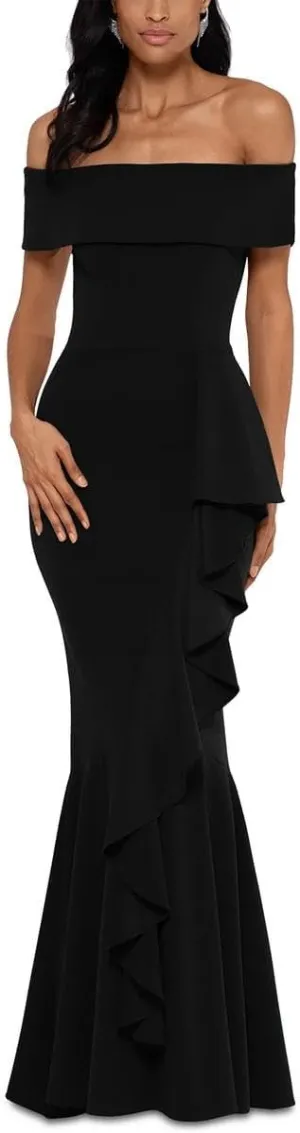 Betsy & Adam Women's Long Off Shoulder Cascade Ruffle Stetch Scuba Crepe Gown