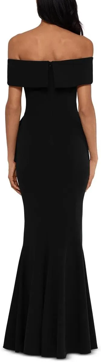 Betsy & Adam Women's Long Off Shoulder Cascade Ruffle Stetch Scuba Crepe Gown